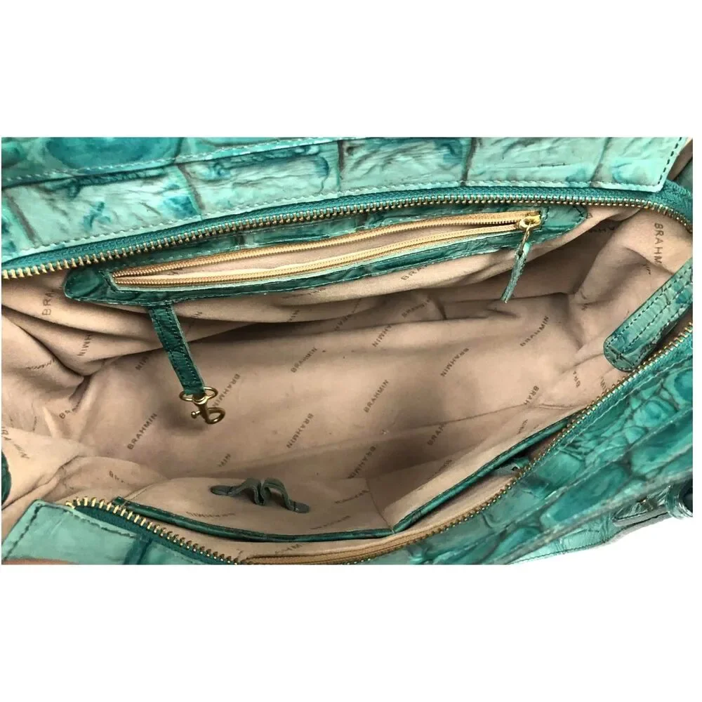 Brahmin Vibrant Teal Croc Embossed Leather Hobo Shoulder Bag with COA